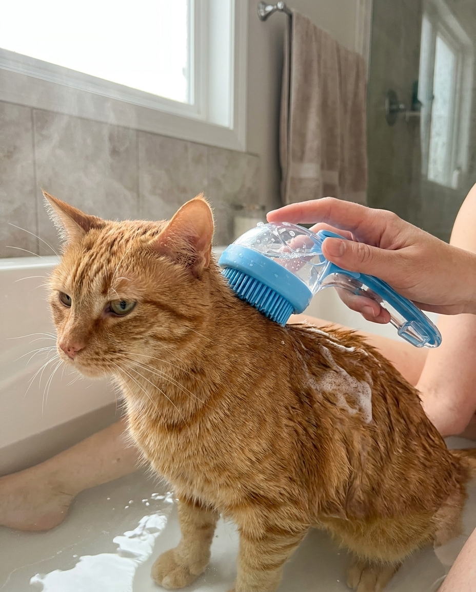 PawBrush Pro in use bathing an orange tabby cat