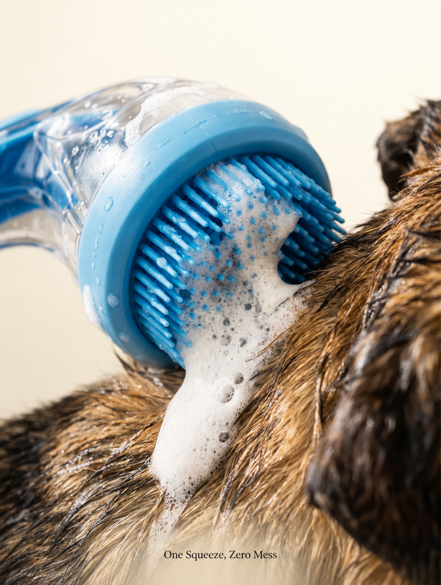 PawBrush Pro macro close-up dispensing shampoo - One Squeeze, Zero Mess