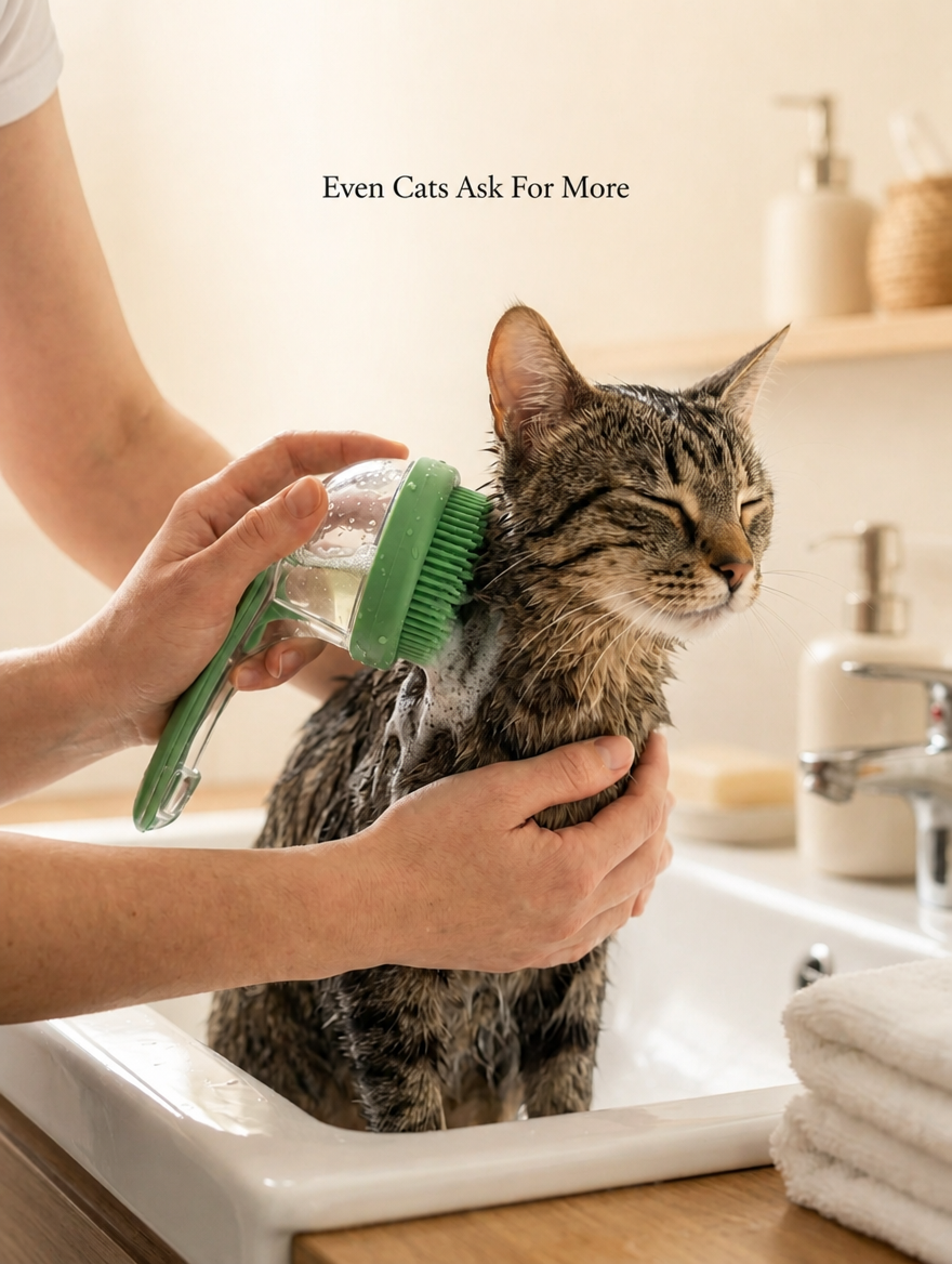 PawBrush Pro in use bathing a tabby cat - Even Cats Ask For More