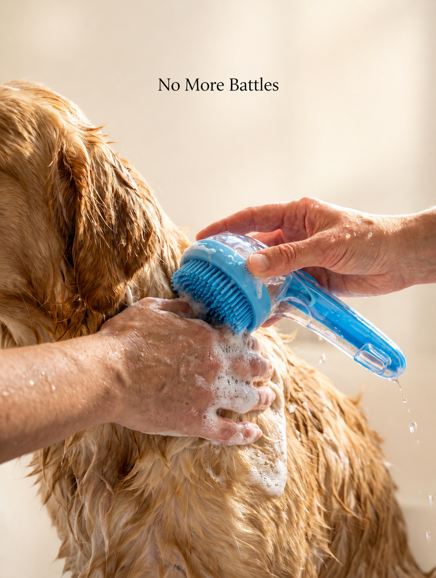 PawBrush Pro in use washing a golden retriever - No More Battles