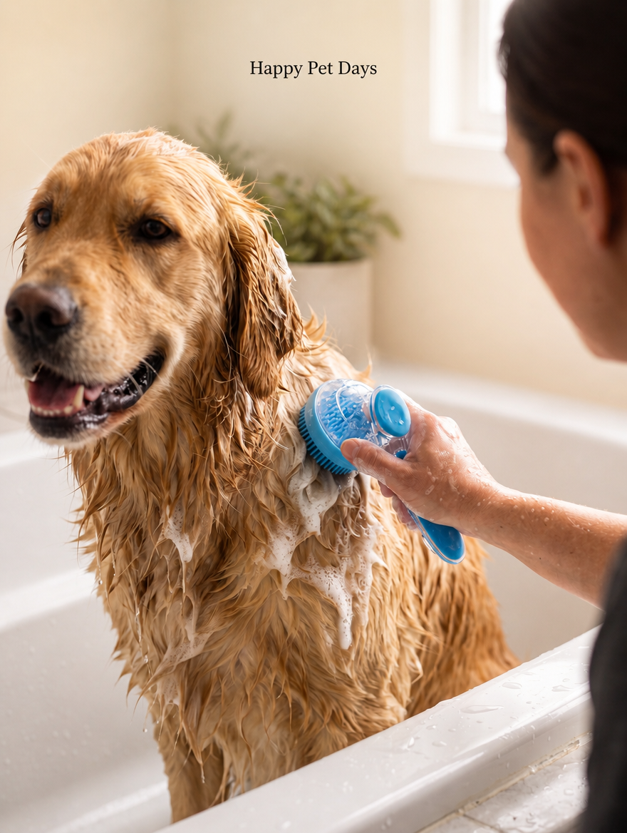 PawBrush Pro lifestyle shot with dog - Happy Pet Days